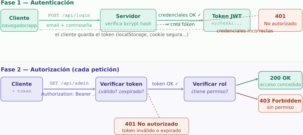 Flujo completo de autenticación y autorización en dos fases: fase 1 el cliente envía credenciales y recibe un token, fase 2 el cliente envía el token en cada petición y el servidor verifica identidad y permisos
