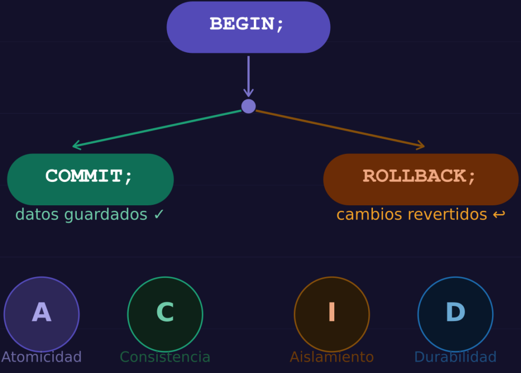 Flujo de una transacción SQL con BEGIN, COMMIT y ROLLBACK y las cuatro letras ACID sobre fondo oscuro