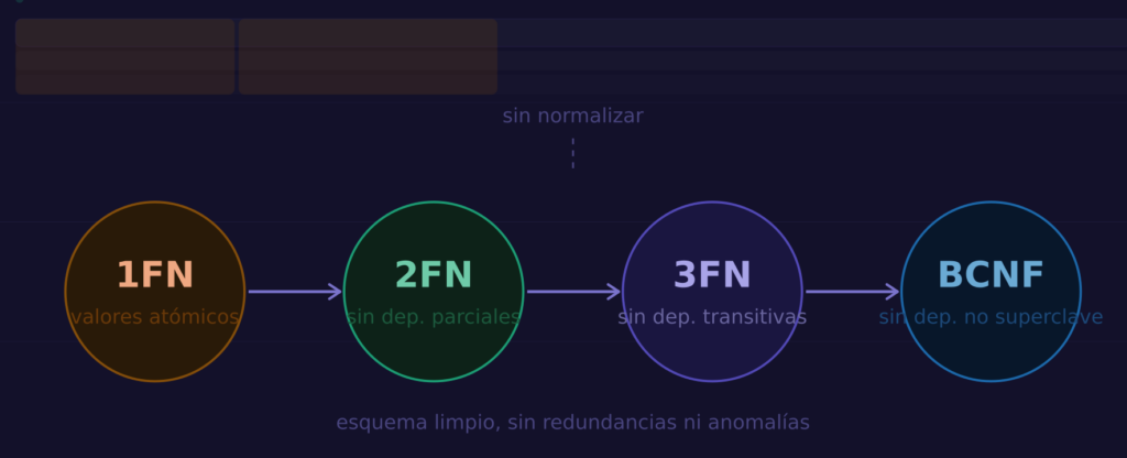 Progresión de normalización 1FN, 2FN y 3FN sobre fondo oscuro
