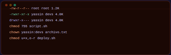 Salida de ls -la con permisos rwx coloreados y comandos chmod y chown sobre fondo oscuro