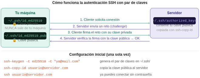 El proceso de autenticación SSH con par de claves: el cliente solicita conexión, el servidor envía un reto, el cliente lo firma con su clave privada y el servidor verifica con la clave pública