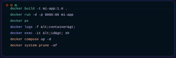 Comandos Docker esenciales en terminal con colores sobre fondo oscuro
