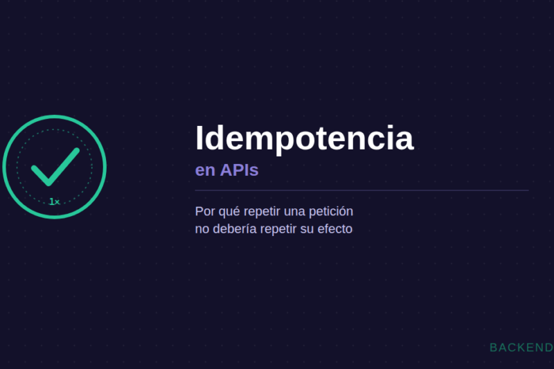 Icono de sello con una marca de verificación y el texto Idempotencia en APIs sobre fondo oscuro