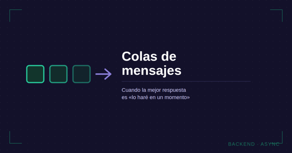 Icono de mensajes en fila entrando a una cola junto al texto Colas de mensajes sobre fondo oscuro