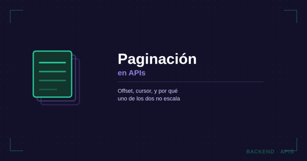 Icono de páginas apiladas junto al texto Paginación en APIs sobre fondo oscuro